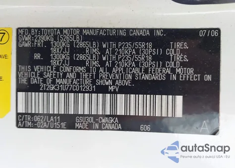 2007 Lexus Rx 350 z USA, uszkodzony, nr VIN 2T2GK31U77C012931